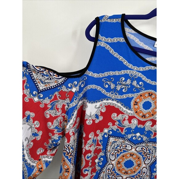Susan Graver 3X Liquid Knit Top Blue Red Printed Cold Shoulder Casual BOHO - Picture 2 of 8